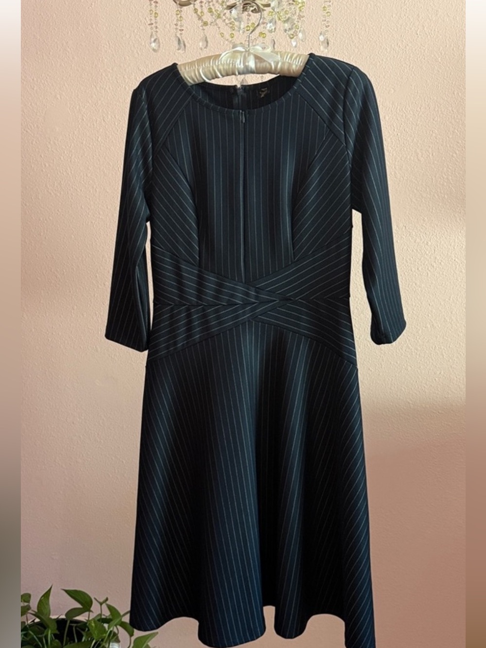 Women's Black Pinstripe 3/4 Length Sleeves Fit & Flare Dress